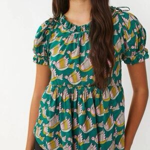 Matta Size S • Bindi Bird Silk Cotton Blend Short Sleeve Green Top Blouse